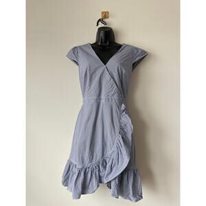 J.Crew Gingham Blue White Wrap Dress 100% Cotton  Fit & Flare Midi Size 4